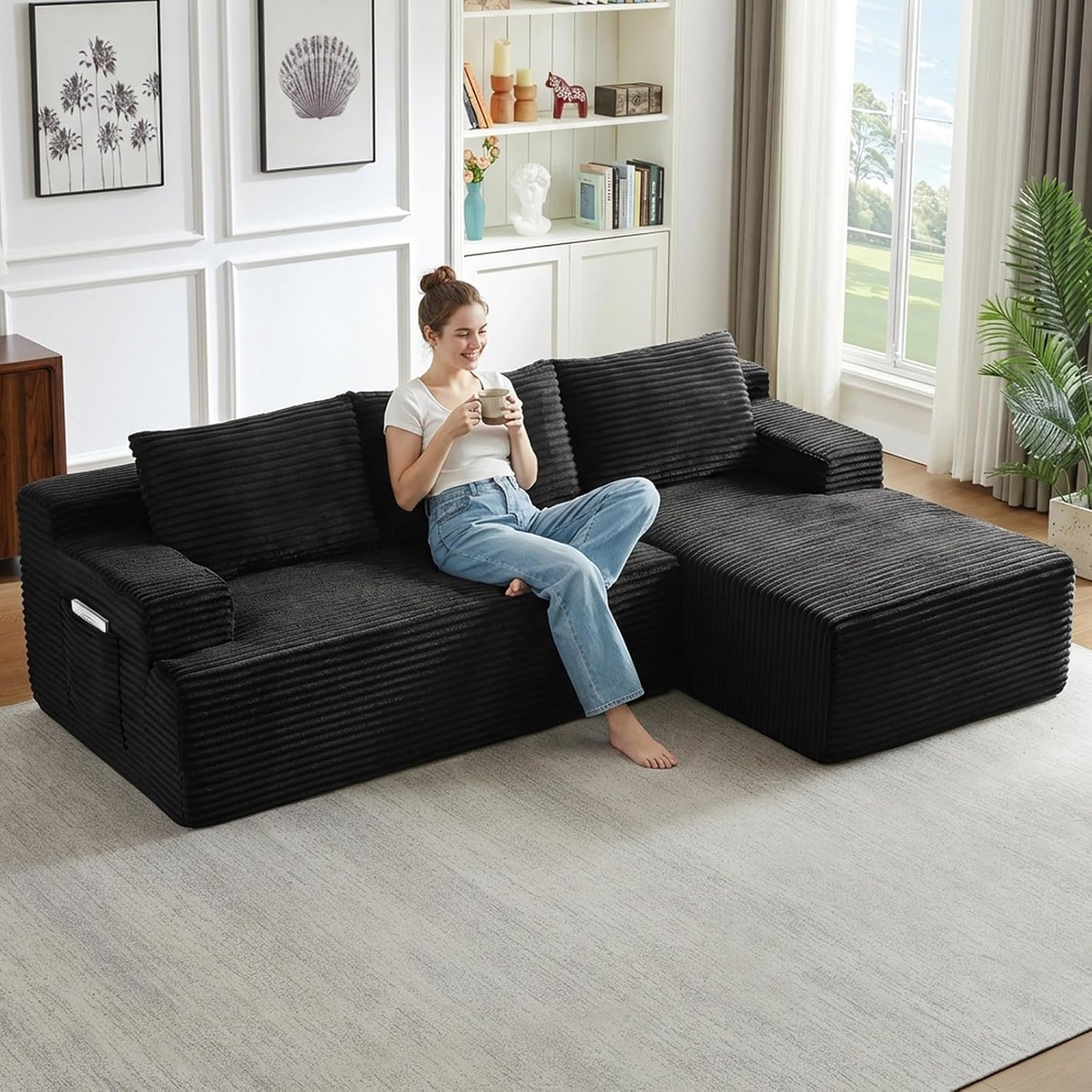 96" Cloud Sectional Couch with L-Shape Chaise, Modular Comfy Sofa Chaise Longue, Upholstered Corduroy Couches Sleeper with Deep Seat for Living Room Bedroom, No Assembly Required(Black, Right Facing)