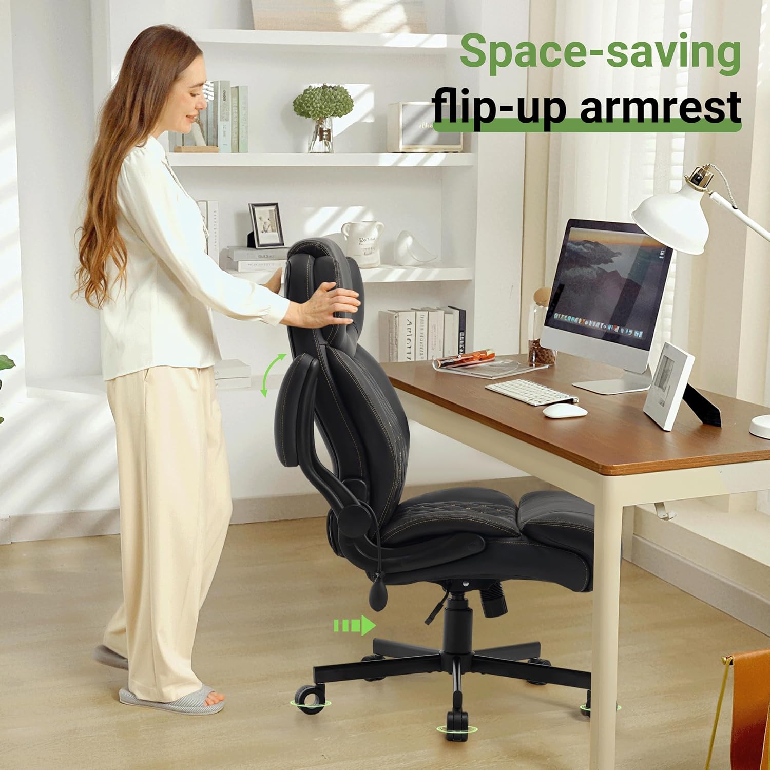 Office Chair, Big and Tall Executive Chairs with Lumbar Support for Back Pain, Breathable Desk Computer Chair with Adjustable Flip-up Armrests, Wide Cushion Swivel Home Office Chair Black PU