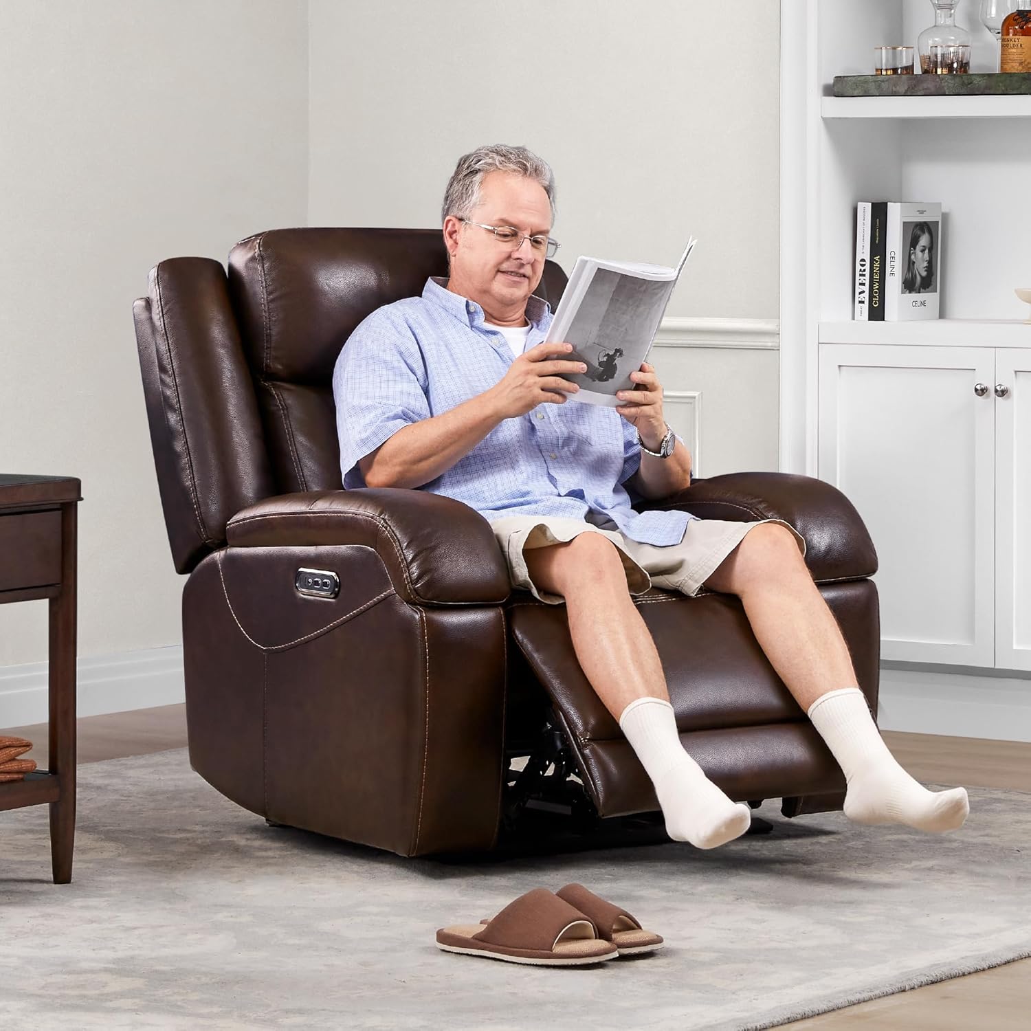 Watson & Whitely Genuine Leather Power Recliner Chairs for Adults, Wall Hugger RV Recliner with Power Headrest & Charging Ports, Electric Recliner Sofa Chair for Living Room, Dark Brown