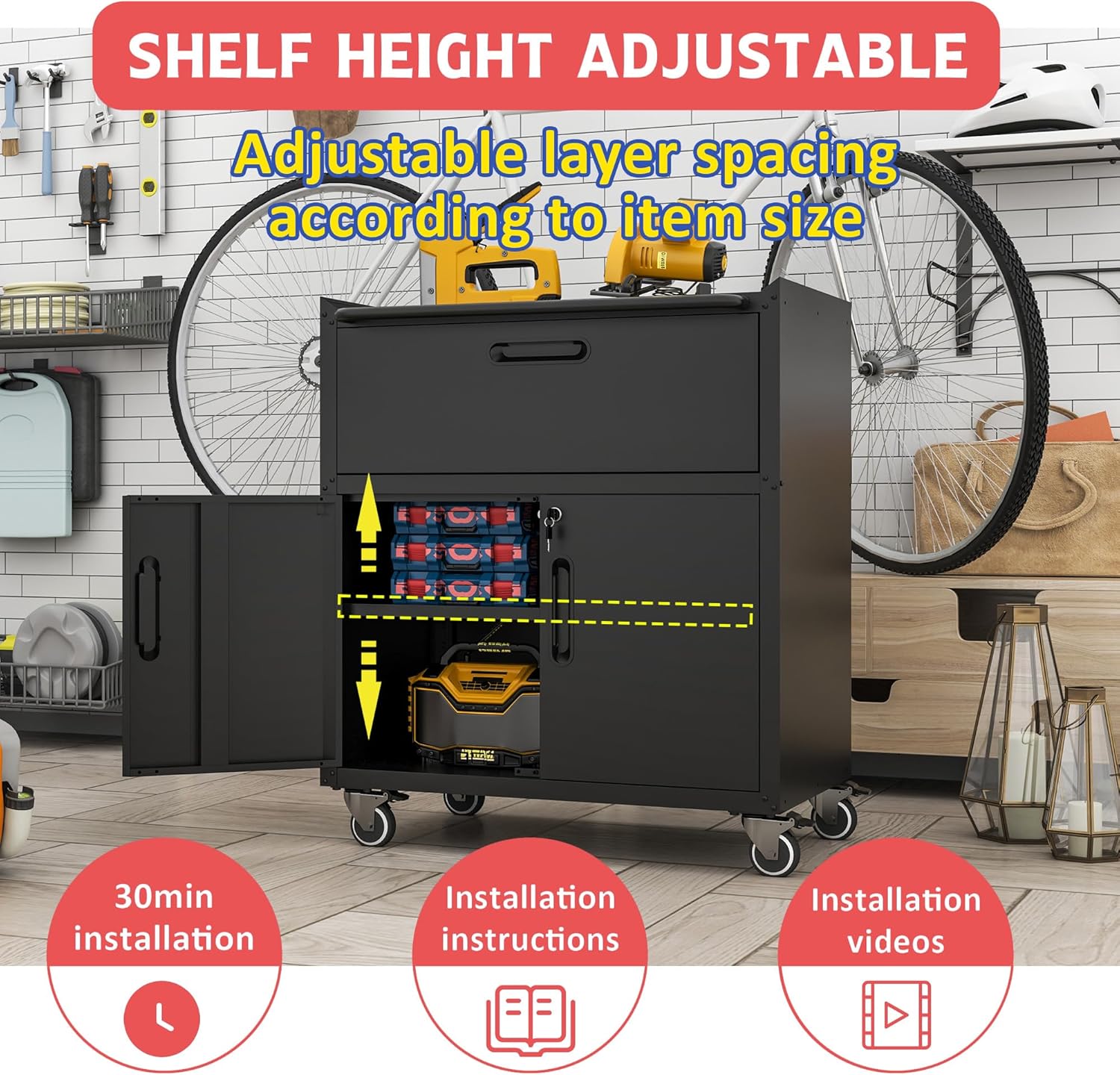 Metal Mobile Tool Storage Cabinet with Wheels,Black Heavy Duty Rolling Tool Cabinets for Garage,Metal Storage Cabinets with 2 Locking Doors and 1 Drawer,Assembly Required