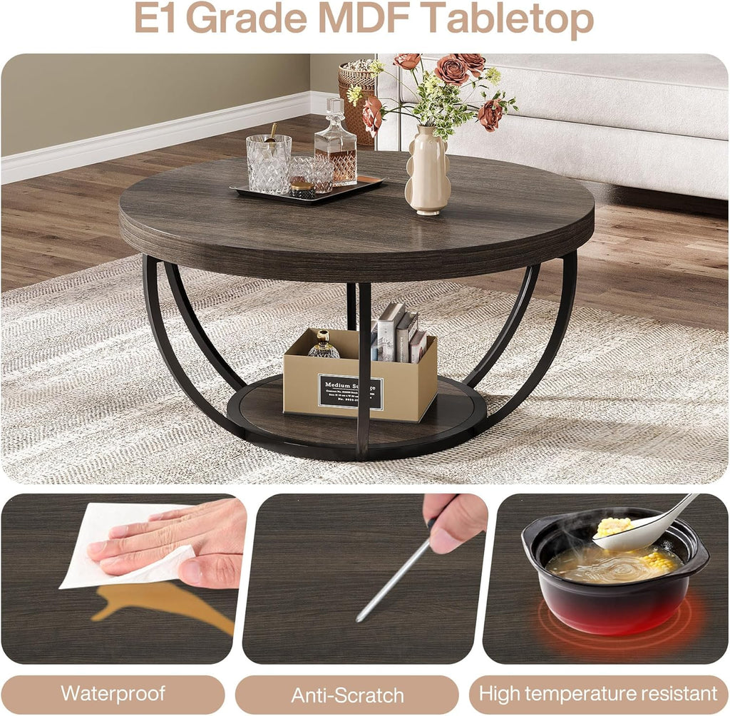 Tribesigns Round Coffee Table, 31.7" Wooden 2-Tier Circle Coffee Table with Storage Shelves, Modern Accent Cocktail Table Center Table for Living Room, Grey