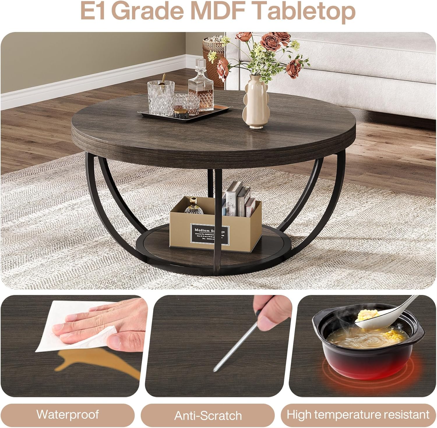 Tribesigns Round Coffee Table, 31.7" Wooden 2-Tier Circle Coffee Table with Storage Shelves, Modern Accent Cocktail Table Center Table for Living Room, Grey