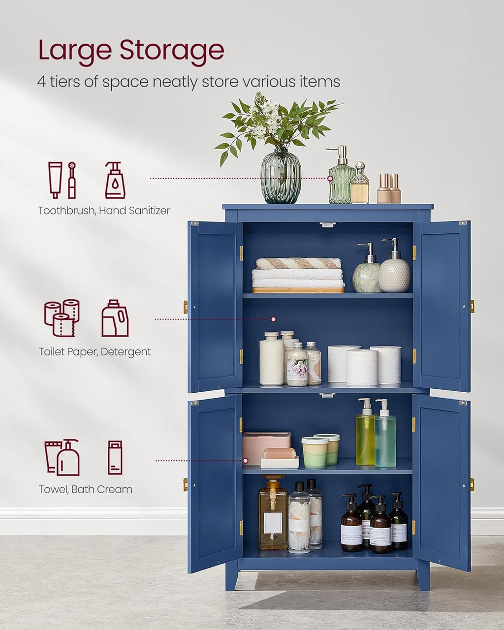 VASAGLE Floor Storage Cabinet, Freestanding Storage Unit with 4 Doors, Adjustable Shelves, 11.8 x 23.6 x 43.3 Inches, for Entryway, Bathroom, Harbor Blue UBBC552Q01