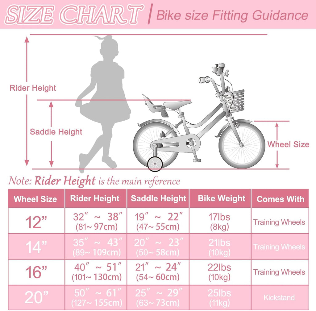 Glaf Kids Toddler Bike 12 14 16 20 Inch Girls Bike with Training Wheels Age 2-12 Years Old Toddler Girls Bike with Basket and Doll Seat Adjustable Seat