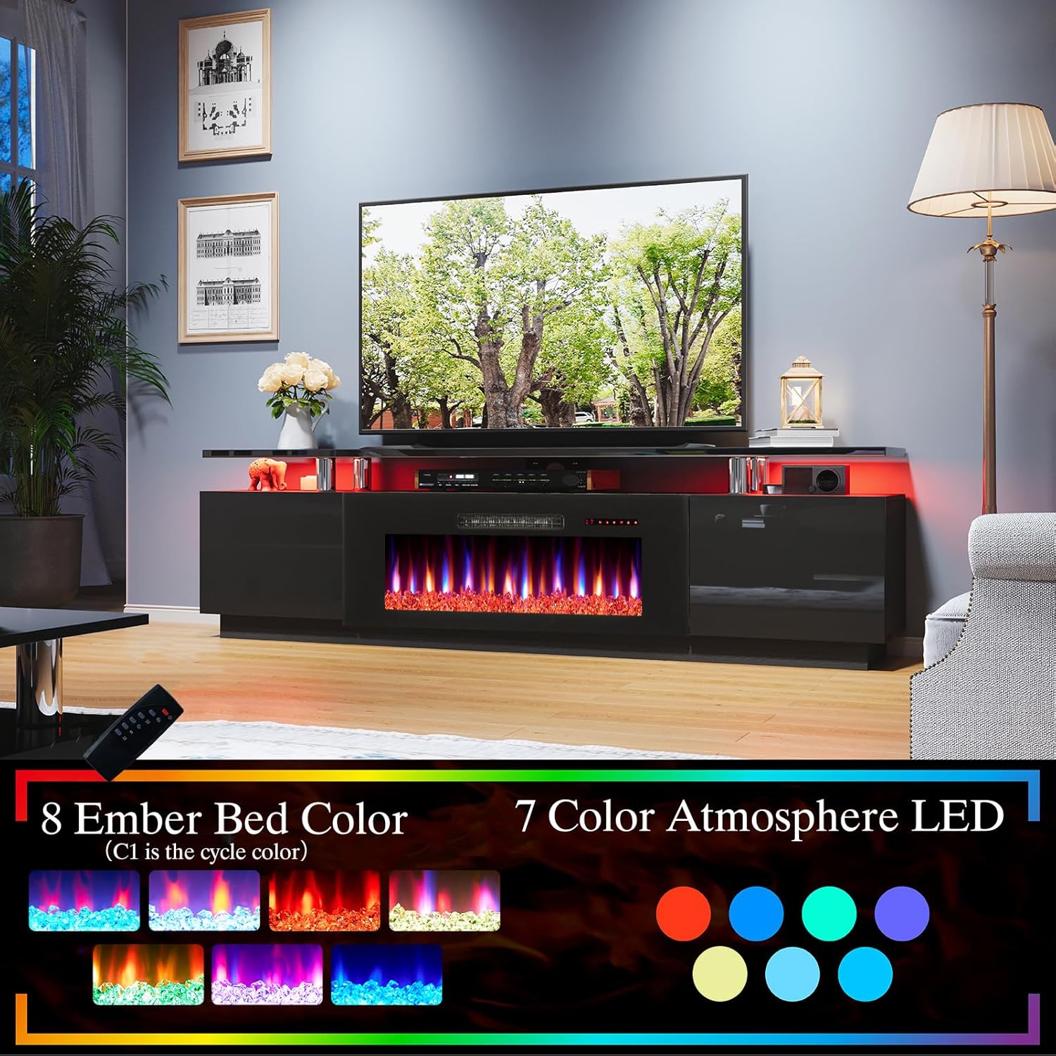 AMERLIFE Fireplace TV Stand with 40" Fireplace, 80" Modern Fireplace Entertainment Center LED Lights, 2 Tier TV Console Cabinet for TVs Up to 90", Obsidian Black