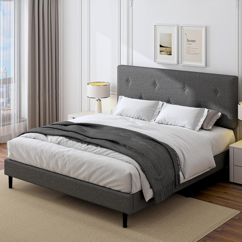 King Size Linen Bed Frame, Upholstered Platform Bed Frame with Adjustable Headboard, Wooden Slats Support, No Box Spring Needed, Easy Assembly, Grey