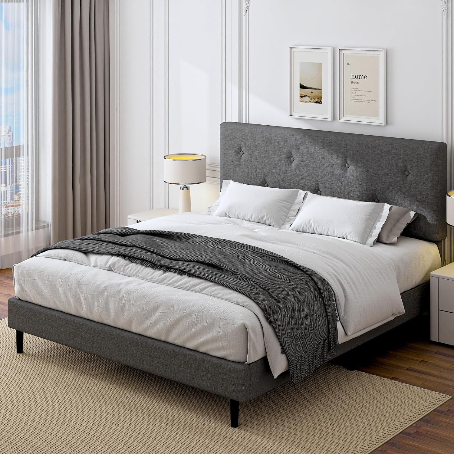 King Size Linen Bed Frame, Upholstered Platform Bed Frame with Adjustable Headboard, Wooden Slats Support, No Box Spring Needed, Easy Assembly, Grey