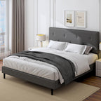 King Size Linen Bed Frame, Upholstered Platform Bed Frame with Adjustable Headboard, Wooden Slats Support, No Box Spring Needed, Easy Assembly, Grey