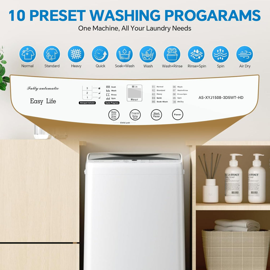 OLIXIS Portable Washing Machine, 7.7 lbs Full-Automatic Compact Laundry Washer, Stainless Steel Drum, 10 Wash Cycles, Auto-Balance Detection, LED Display, Mini Washer for Home, Apartment, Dorm, White
