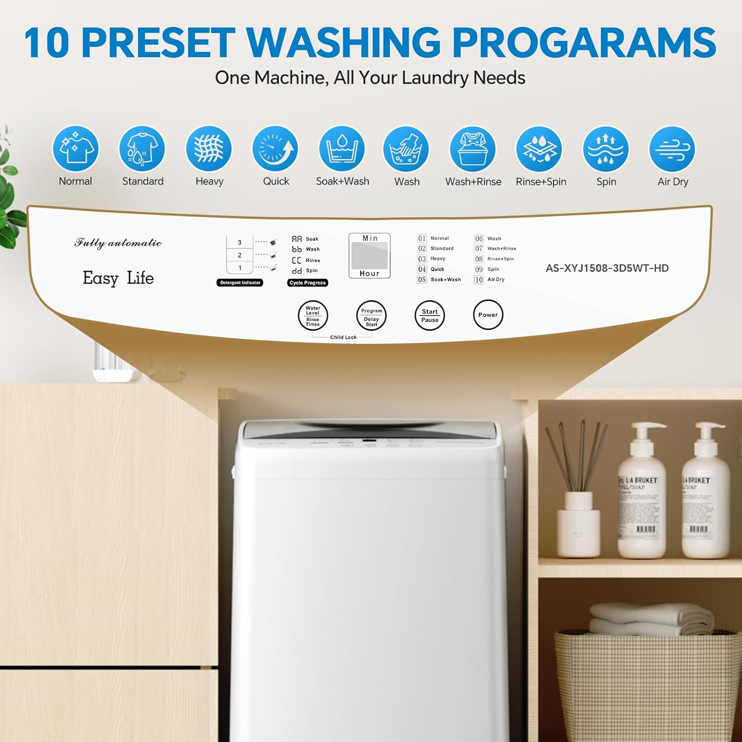 OLIXIS Portable Washing Machine, 7.7 lbs Full-Automatic Compact Laundry Washer, Stainless Steel Drum, 10 Wash Cycles, Auto-Balance Detection, LED Display, Mini Washer for Home, Apartment, Dorm, White