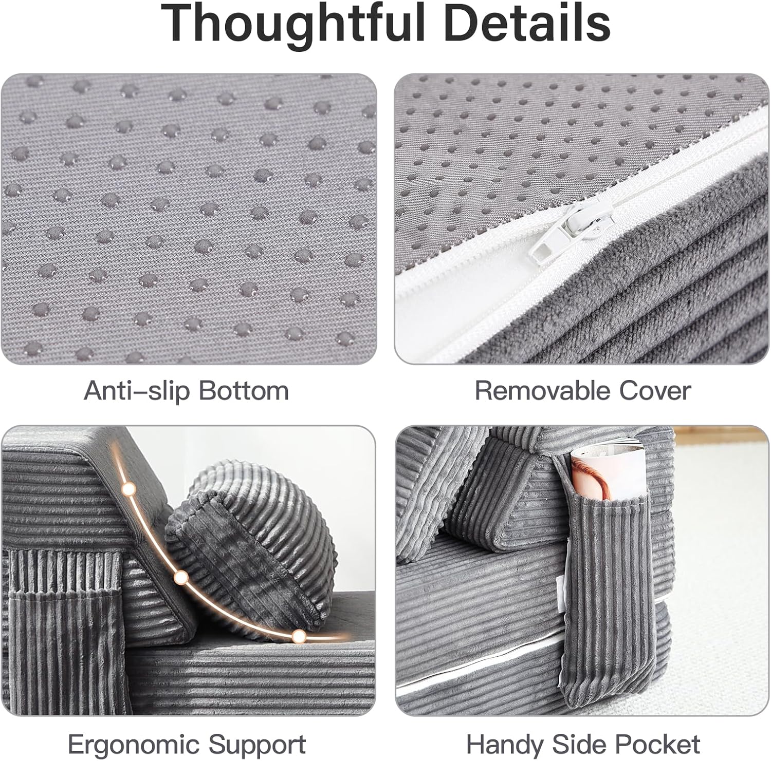 Folding Sofa Bed with Pillow, Convertible Sleeper Chair, Comfy Floor Futon Couch Mattress Lounge Lounge Sofa for Adults Portable Fold Out Chair Bed for Living Room Bedroom, Single, Gray