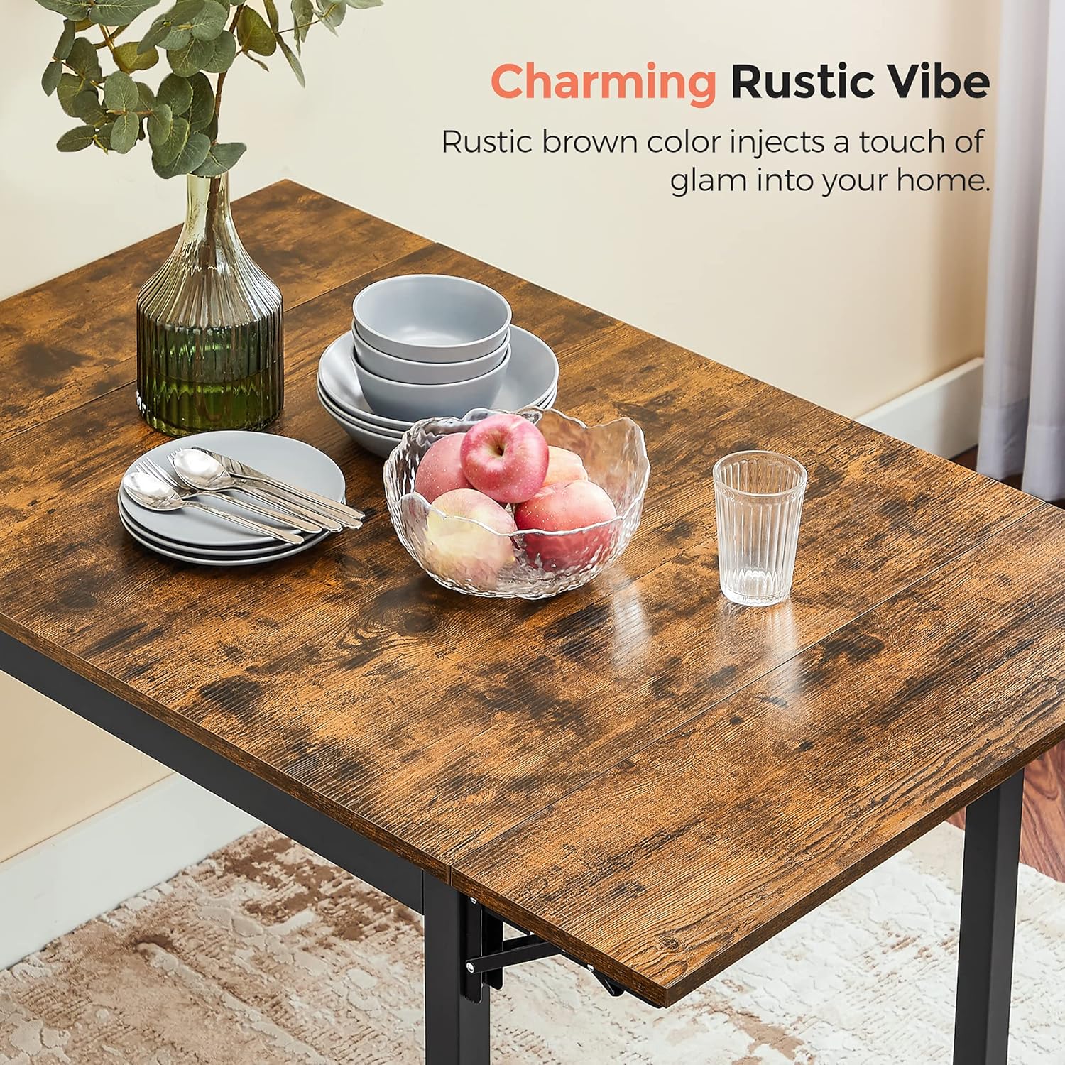 VASAGLE Folding Dining Table, Kitchen Table, Drop Leaf Extendable Table for Small Spaces, Seats 2-4 People, Industrial, Rustic Brown and Black UKDT077B01