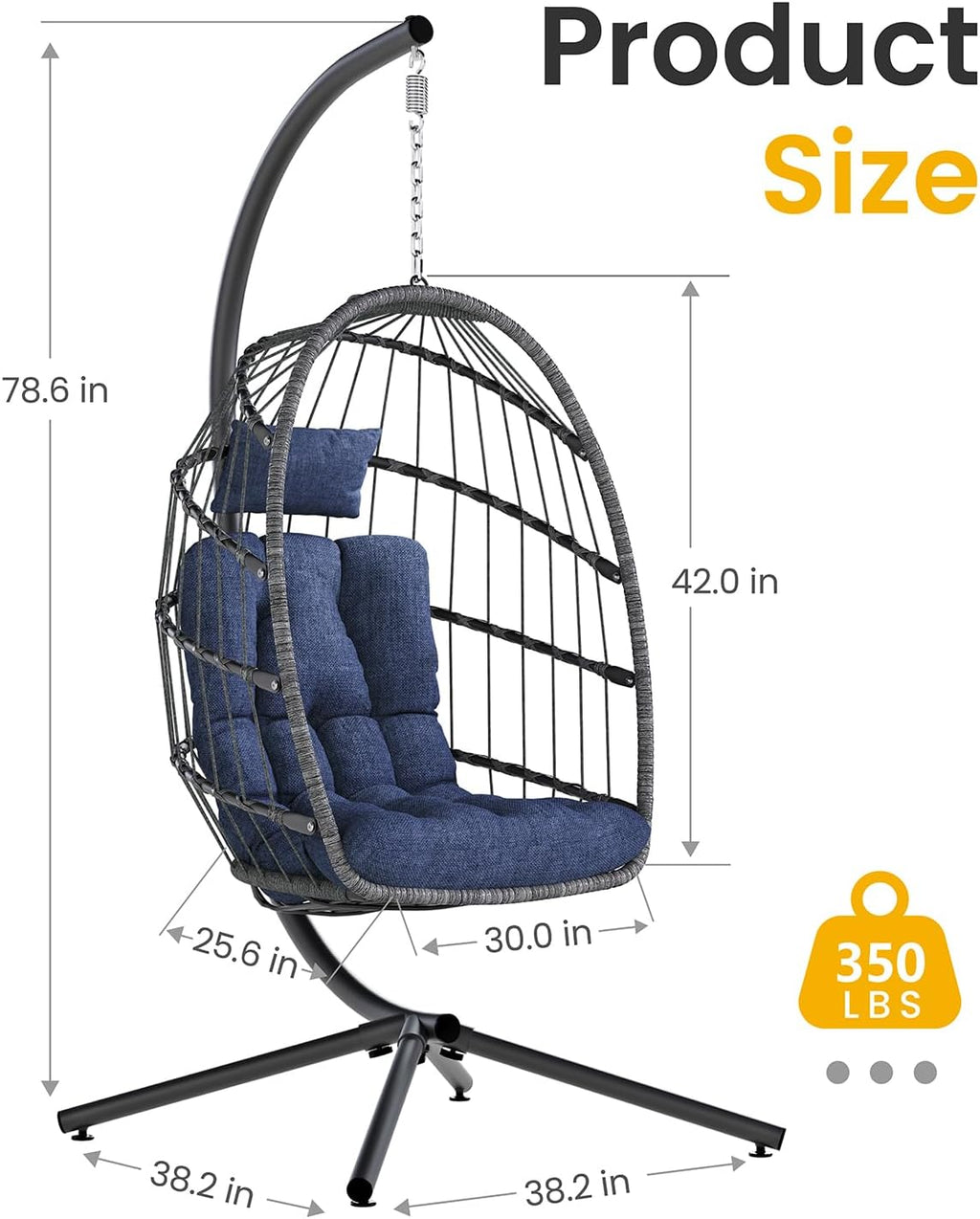 Hanging Egg Chair with Stand, Indoor Outdoor Wicker Patio Egg Swing Chair with Cushion for 350LBS Capacity, Hanging Hammock Chair for Bedroom, Garden, Porch - Dark Blue