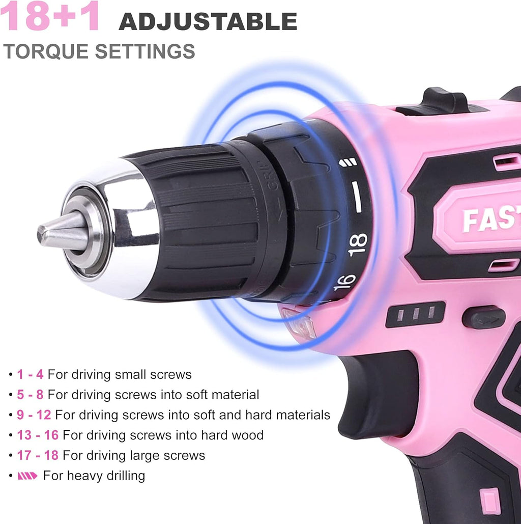 FASTPRO 177-Piece 20V Pink Cordless Lithium-ion Drill Driver and Home Tool Set, Lady's Home Repairing Tool Kit with Drill in Storage Case