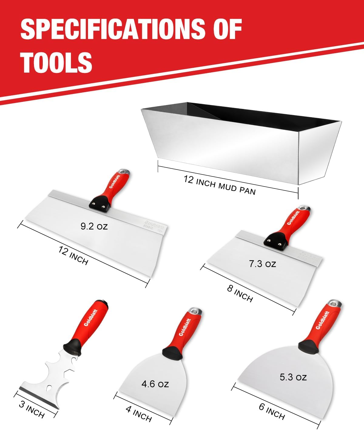 Goldblatt Drywall Hand Tool Kit - 14 in 1, 6 Pieces Stainless Steel Joint Knife, Taping Knives, Paniter Scraper, Mud Pan