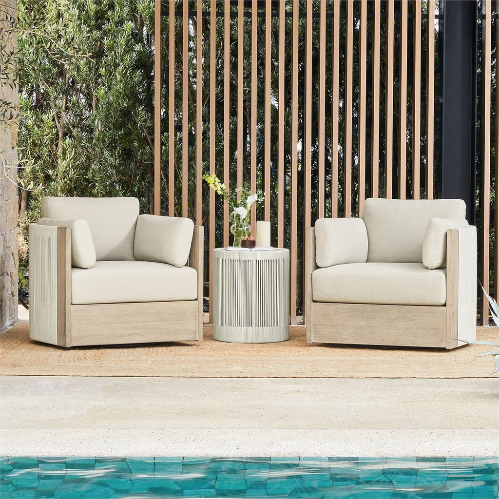 CHITA 3 Pieces Boho Patio Rattan Bistro Set, Outdoor Wicker Furniture Swivel Chairs & Side Table Set with 2 Arm Pillows, Acacia Wood Frame, Fully Assembled(Cream)