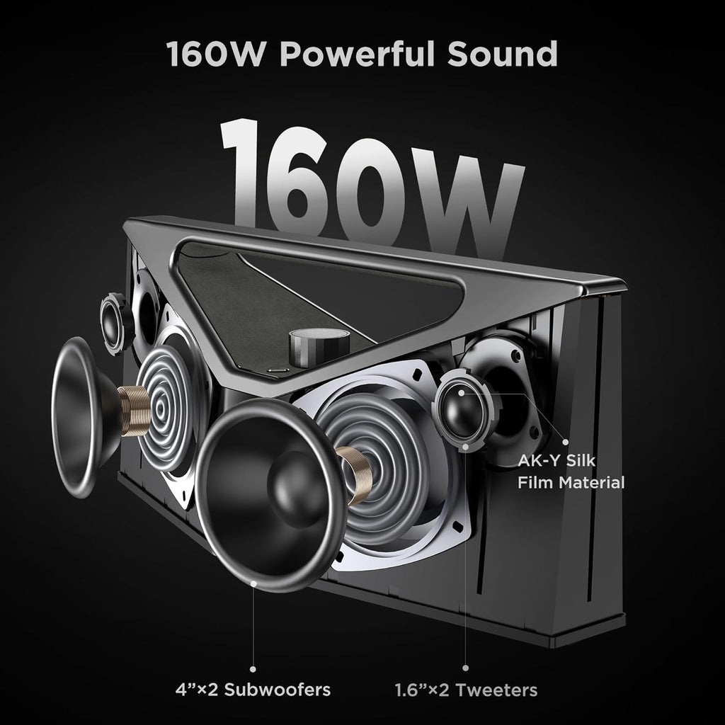 BUGANI Hi-Res Audio Bluetooth Speaker Loud 160W  Large Portable Bluetooth Speaker with Deep Bass Subwoofer  TWS Wireless Stereo  Waterproof Outdoor Party Speaker  12H Playtime Gray
