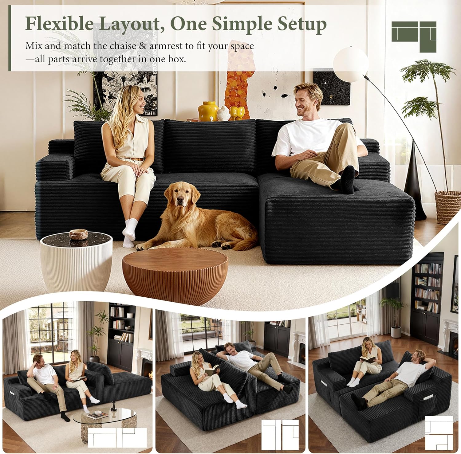 96" Sectional Couches for Living Room Cloud Couch Sofa with L-Shape Upholstered Boneless Couchs Modern Modular Sectional Couch with Chaise (Black, 96" W+Right Facing Chaise+2Seaters)