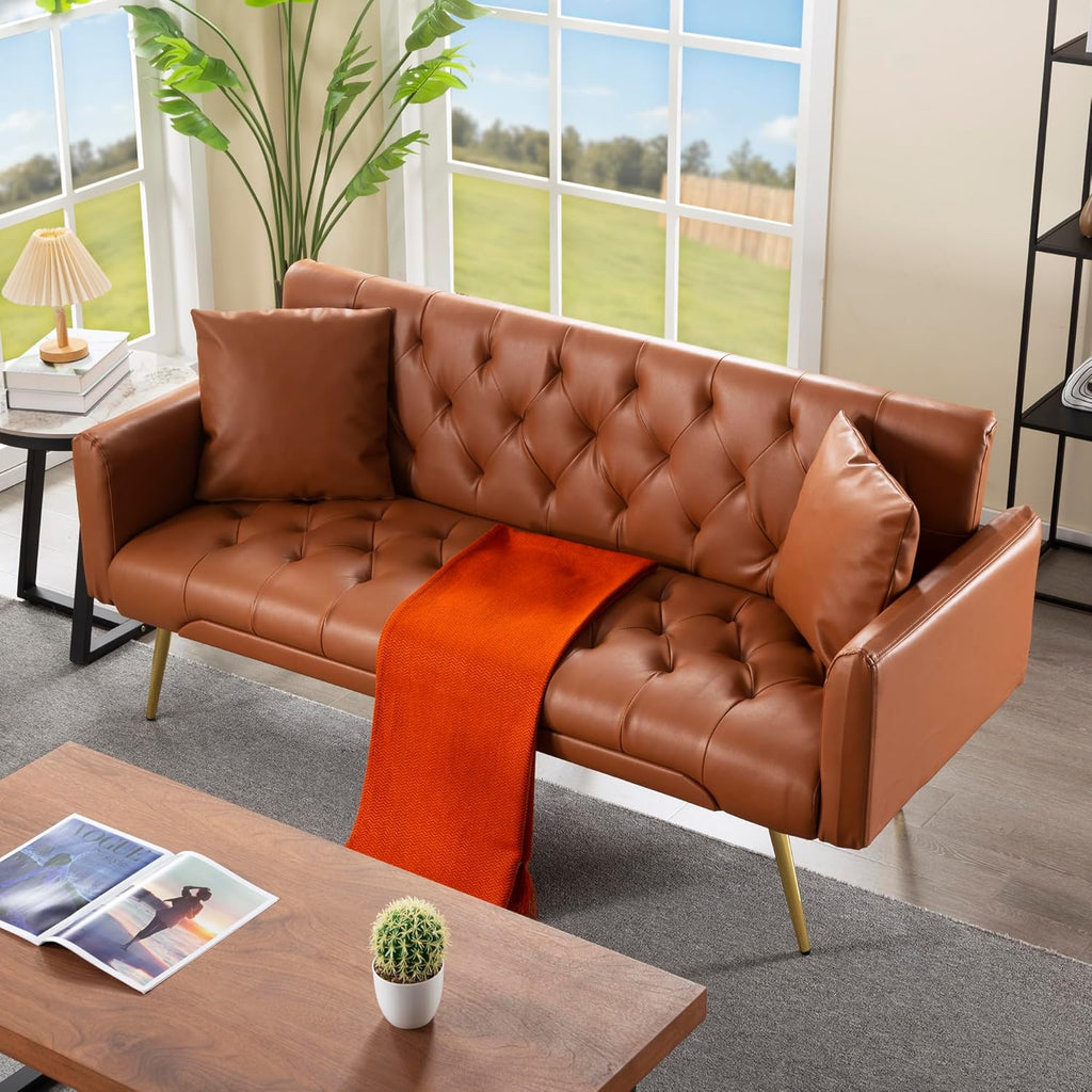 Anwick 72" Modern PU Leather Sofa Bed Futon,Convertible Folding Sleeper Bed Couches with 3 Adjustable Backrests,Tufted Recliner Loveseat with Golden Chrome Legs for Small Living Room Office (Brown)
