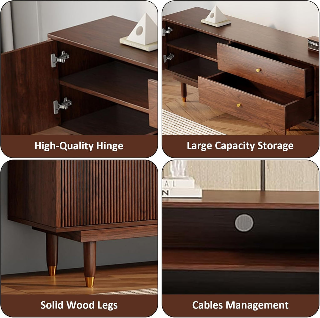 Mid Century Modern TV Stand for 75 inch TV, 66.9" Walnut TV Console with 2 Storage Cabinet & 2 Drawers, Entertainment Center, Media Console for Living Room/Bedroom