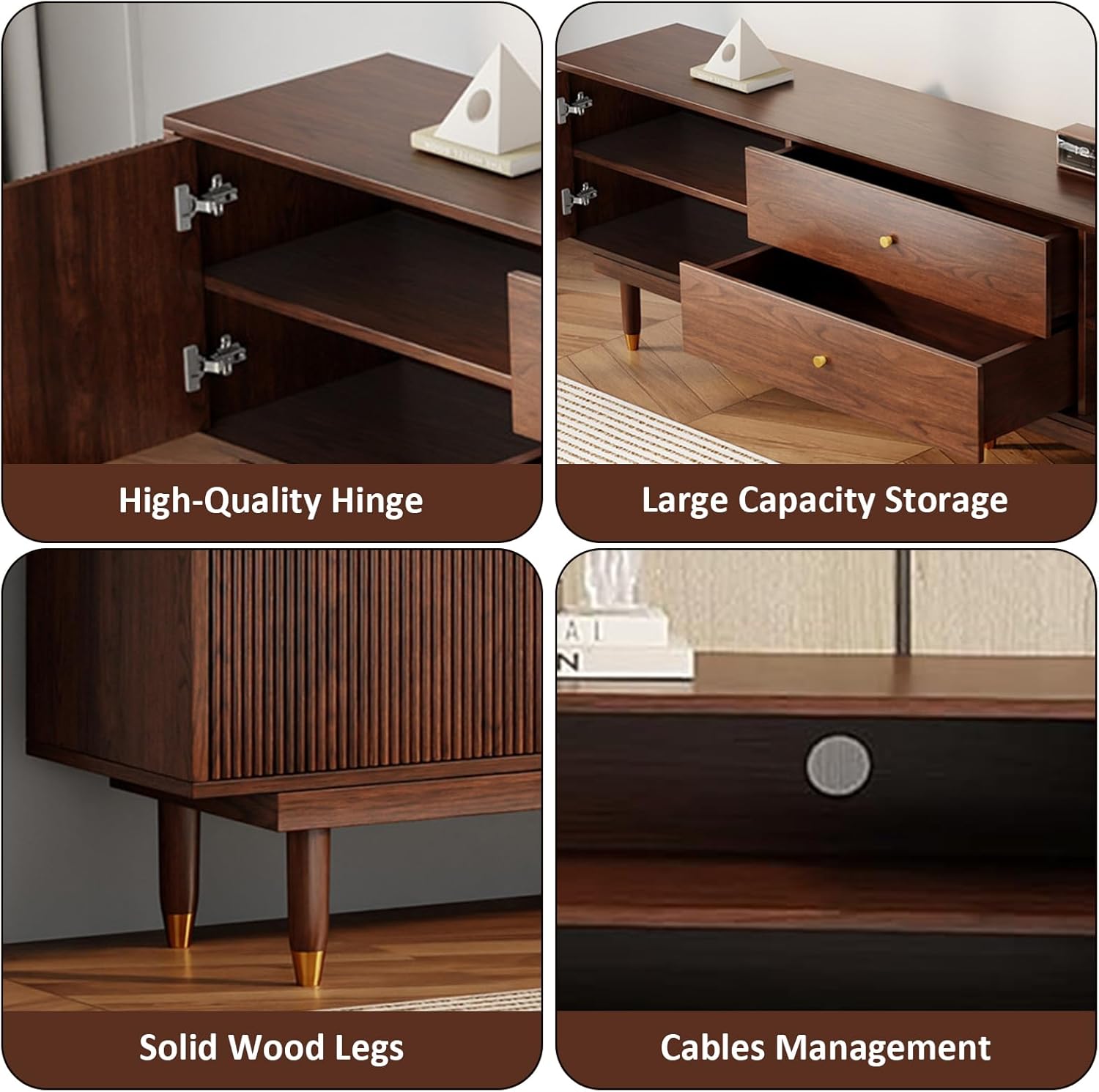 Mid Century Modern TV Stand for 75 inch TV, 66.9" Walnut TV Console with 2 Storage Cabinet & 2 Drawers, Entertainment Center, Media Console for Living Room/Bedroom
