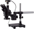 AmScope 7X-90X Black Trinocular Stereo Zoom Microscope on Single Arm Boom Stand + 144 LED Compact Ring-Light with 10MP USB3.0 Camera