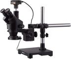 AmScope 7X-90X Black Trinocular Stereo Zoom Microscope on Single Arm Boom Stand + 144 LED Compact Ring-Light with 10MP USB3.0 Camera