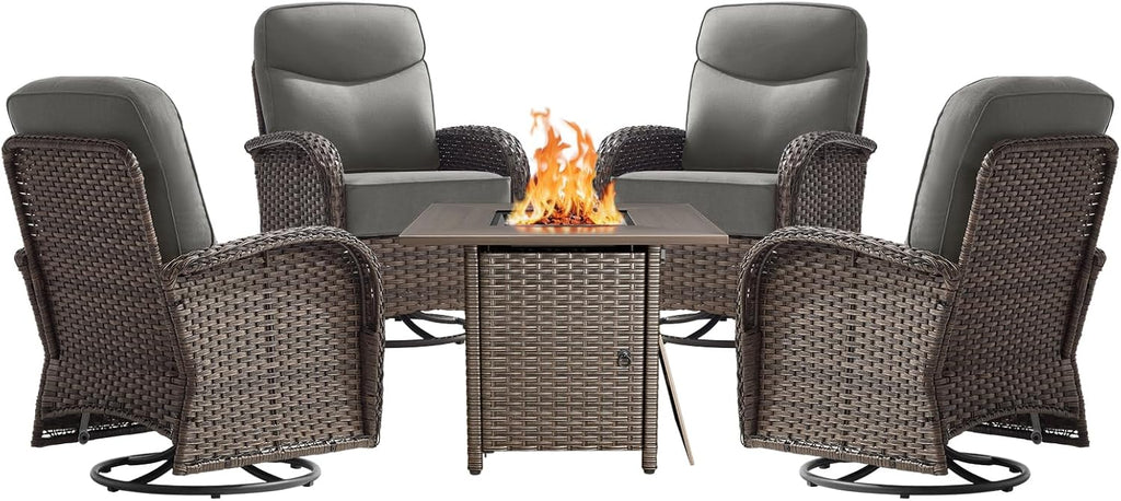 Luxury Outdoor Swivel Rocker Patio Chairs of 4 with Fire Pit Table - 5 Piece Furniture Set with 6-Inch Smile Cushions High Back Brown Wicker Rattan Gliders for Porch Balcony Deck - Grey