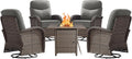 Luxury Outdoor Swivel Rocker Patio Chairs of 4 with Fire Pit Table - 5 Piece Furniture Set with 6-Inch Smile Cushions High Back Brown Wicker Rattan Gliders for Porch Balcony Deck - Grey