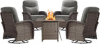 Luxury Outdoor Swivel Rocker Patio Chairs of 4 with Fire Pit Table - 5 Piece Furniture Set with 6-Inch Smile Cushions High Back Brown Wicker Rattan Gliders for Porch Balcony Deck - Grey
