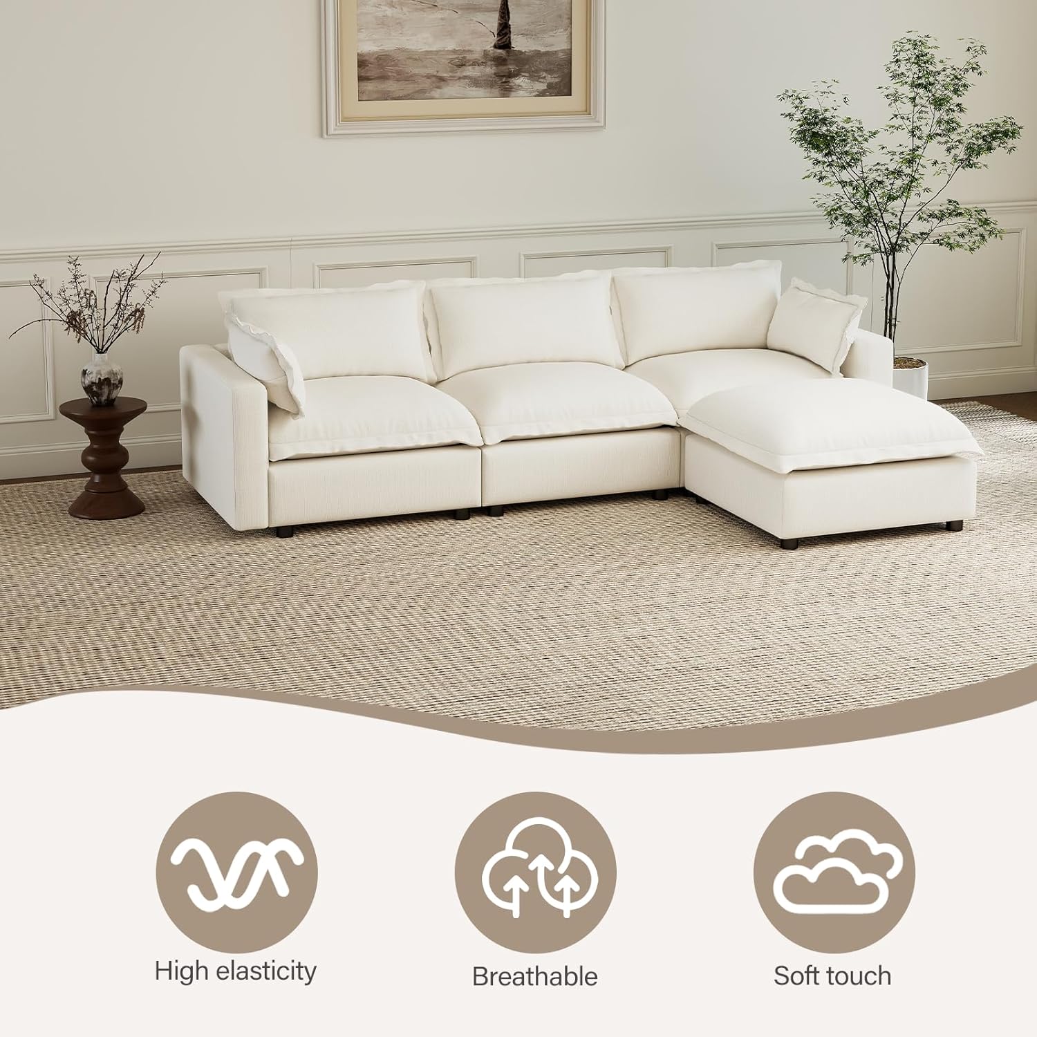 Kmax 97" Modular Sectional Sofa for Living Room, Modern Convertible L Shaped Sofa Couch Oversized Deep Seat Cloud Couch Sleeper with Ottoman, White