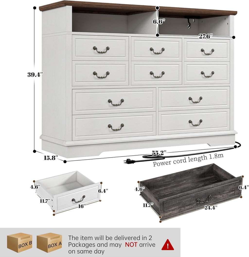 EnHomee 10 Drawers Dresser for Bedroom 55.2''Wide Wood Dresser White with LED & Power Outlet Large Space Saver & Chests of Drawers for Hallway, 55.2" W x 39.4" H x15.8 D