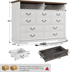 EnHomee 10 Drawers Dresser for Bedroom 55.2''Wide Wood Dresser White with LED & Power Outlet Large Space Saver & Chests of Drawers for Hallway, 55.2" W x 39.4" H x15.8 D