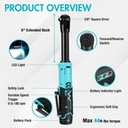 DURATECH Extended Cordless Ratchet Wrench, 3/8" 12V 44 Ft-Lbs Long Neck Electric Ratchet Wrench with 2-Pack 2.0Ah Li-Ion Battery, 1 Hour Fast Charger, 10 Sockets Accessories & Variable Speed Trigger