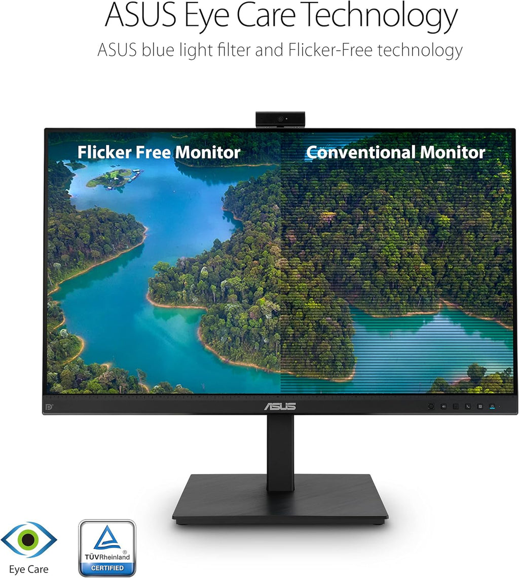 ASUS 27” 1080P Video Conference Monitor (BE279QSK) - Full HD  IPS  Built-in Adjustable 2MP Webcam  Mic Array  Speakers  Eye Care  Wall Mountable  Frameless  HDMI  DisplayPort  VGA  Height Adjustable