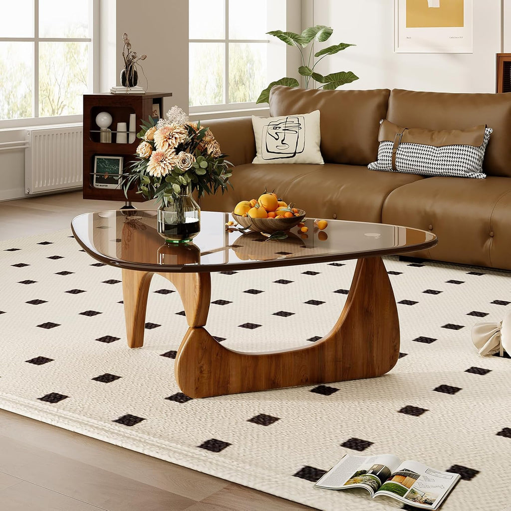 Coffee Table for Living Room Mid Century Modern Center Table with Glass Top and Wood, Brown/Walnut
