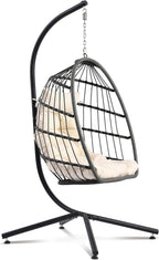 Hanging Egg Chair with Stand, Foldable Wicker Porch Swing Chair Outdoor Indoor, Heavy Duty Rattan Hammock Chairs with Cushion Headrest, Bedroom Balcony Patio Lounge Furniture, 350LBS (Beige)