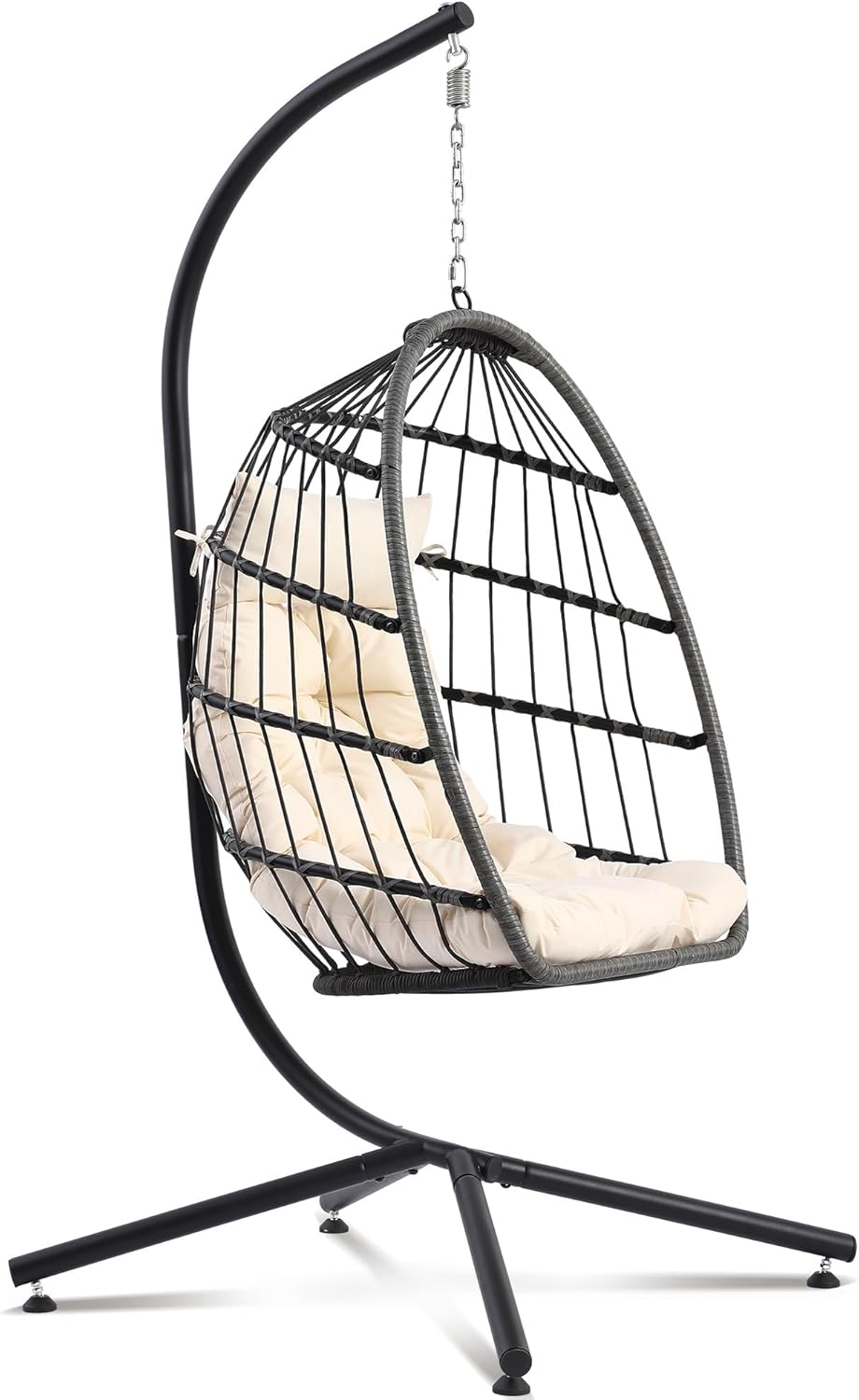 Hanging Egg Chair with Stand, Foldable Wicker Porch Swing Chair Outdoor Indoor, Heavy Duty Rattan Hammock Chairs with Cushion Headrest, Bedroom Balcony Patio Lounge Furniture, 350LBS (Beige)