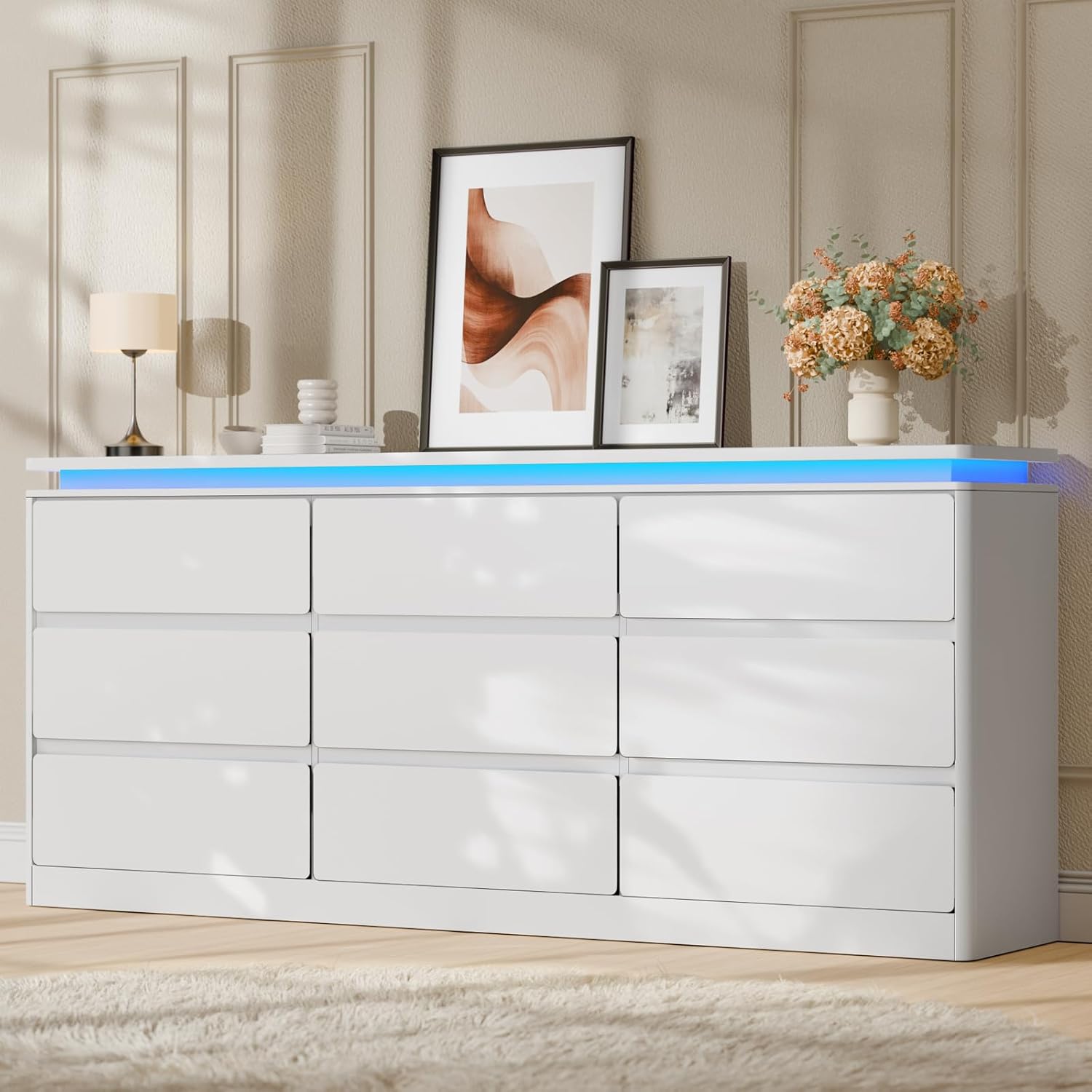 9 Drawer Dresser for Bedroom, 63" Long White Chest of Drawers with Charging Station & LED Lights, Curved Profile Design,Wooden Closet Storage Cabinet,Modern Dresser TV Stand with Deep Drawers