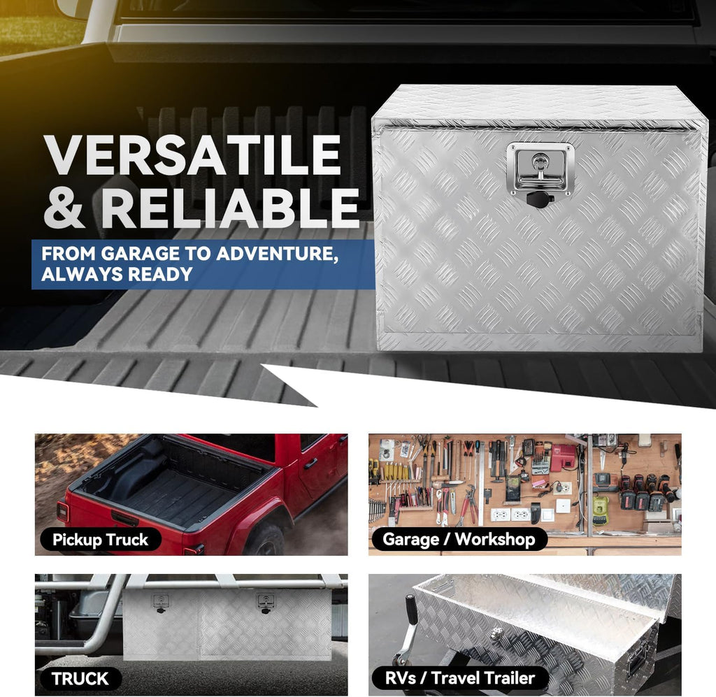 Underbody Truck Box, 24'' D x 17.7"W x 18.1"H Pickup Storage Box, Heavy Duty Aluminum Diamond Plate Tool Box with Lock and Keys, Waterproof Trailer Storage Box with T-Handle Latch - Silver