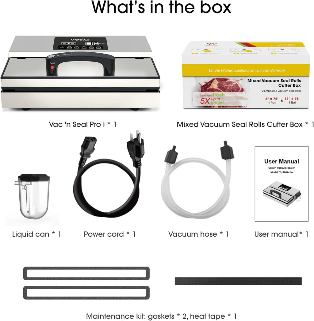 Vesta Precision Food Saver Vacuum Sealer Machine, 95kPa Commercial Grade Vacuum Sealer for Food, 12" Wide Sealing Bar & Smart Seal Design, Ideal for Sous Vide, includes Patented Cutter Box with Bags