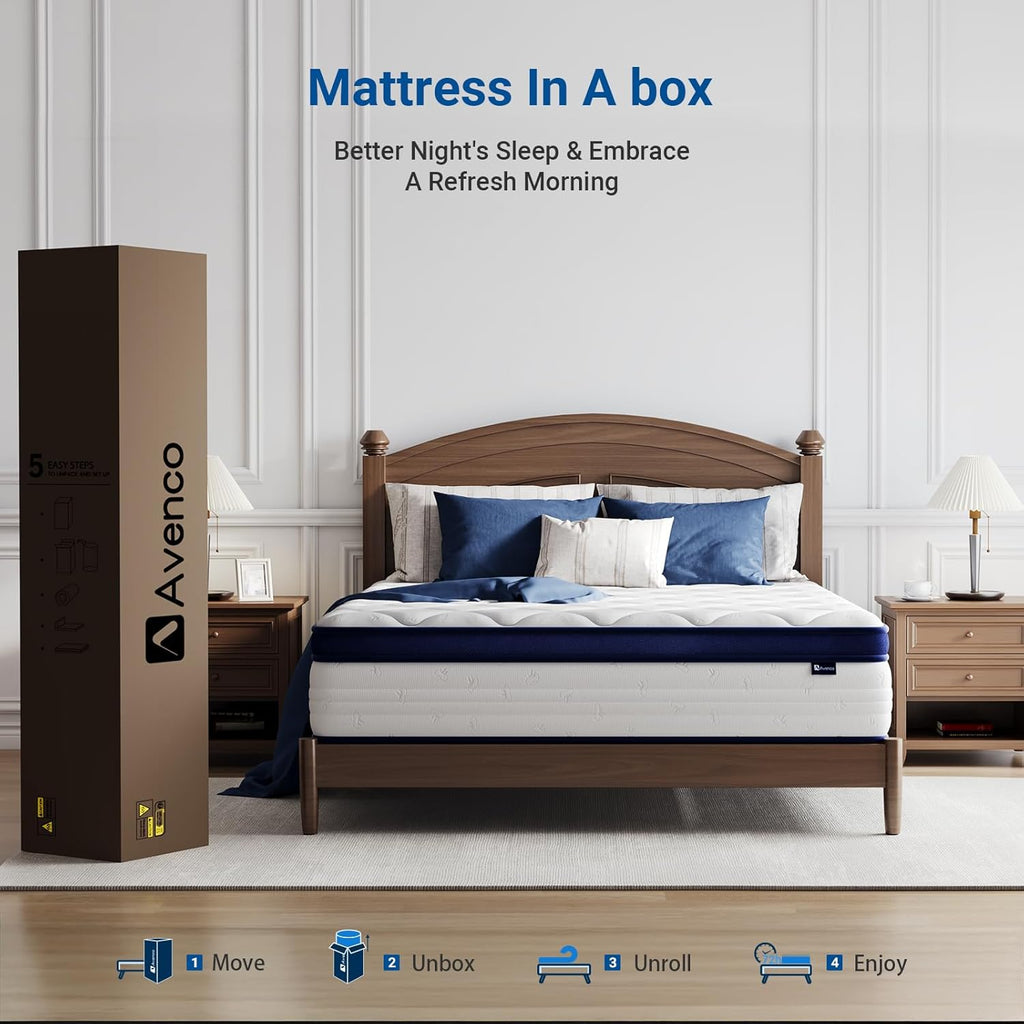 Avenco Queen Mattress, 12 Inch Queen Size Mattress with Individually Smarts Pocket Springs for Back Pain Relief, Hypoallergenic Fabric Box Spring No Need, Mattresses in a Box Medium Plush Support