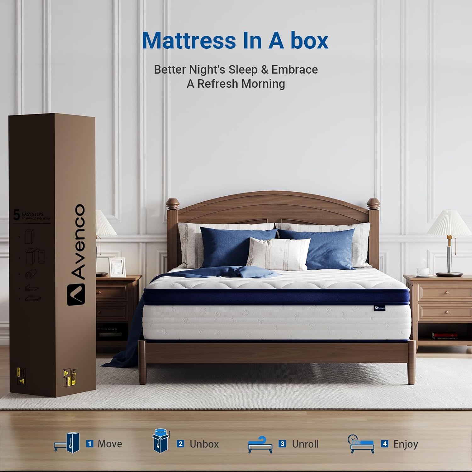 Avenco Queen Mattress, 12 Inch Queen Size Mattress with Individually Smarts Pocket Springs for Back Pain Relief, Hypoallergenic Fabric Box Spring No Need, Mattresses in a Box Medium Plush Support