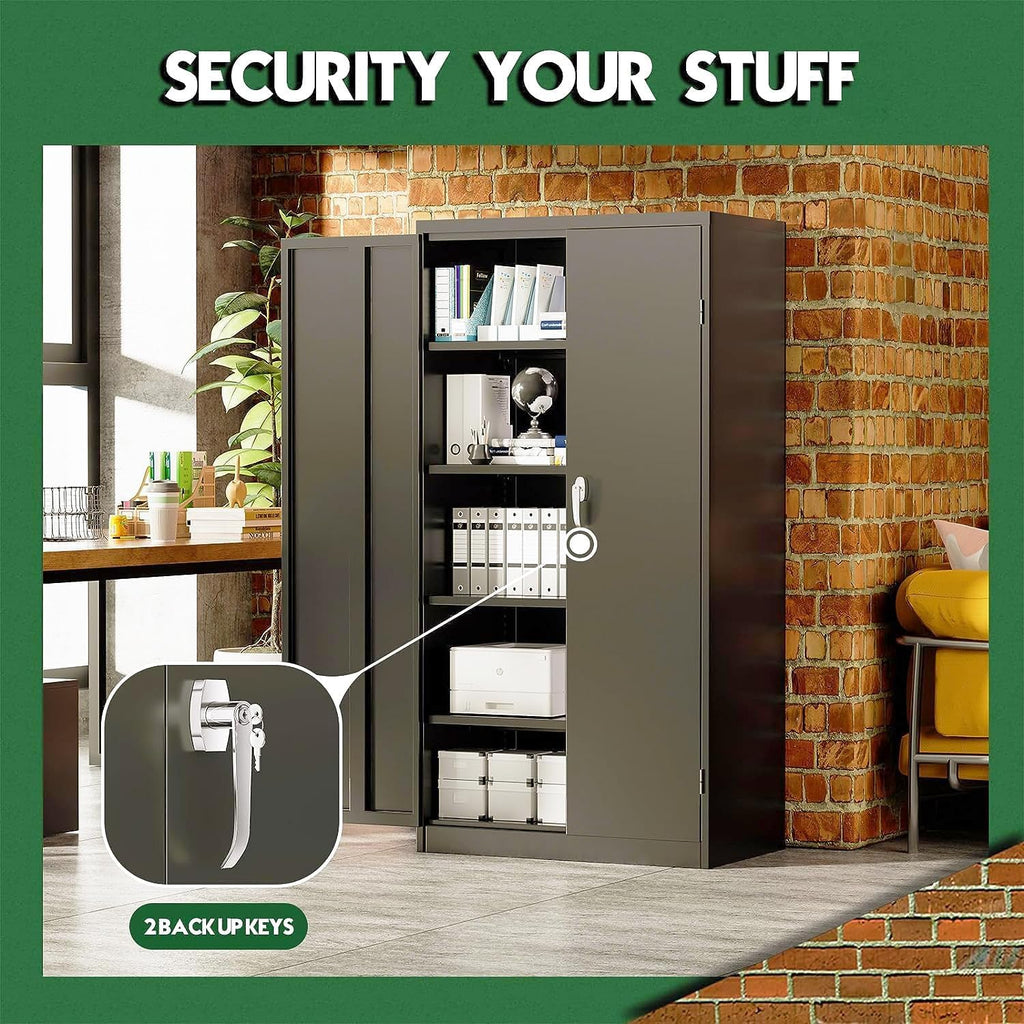 Greenvelly Metal Cabinet with Lock, 72" Metal Storage Cabinet with 2 Doors and Adjustable 4 Shelves, Locking Cabinet for Home Office, Garage(32" W x 16" D), Black