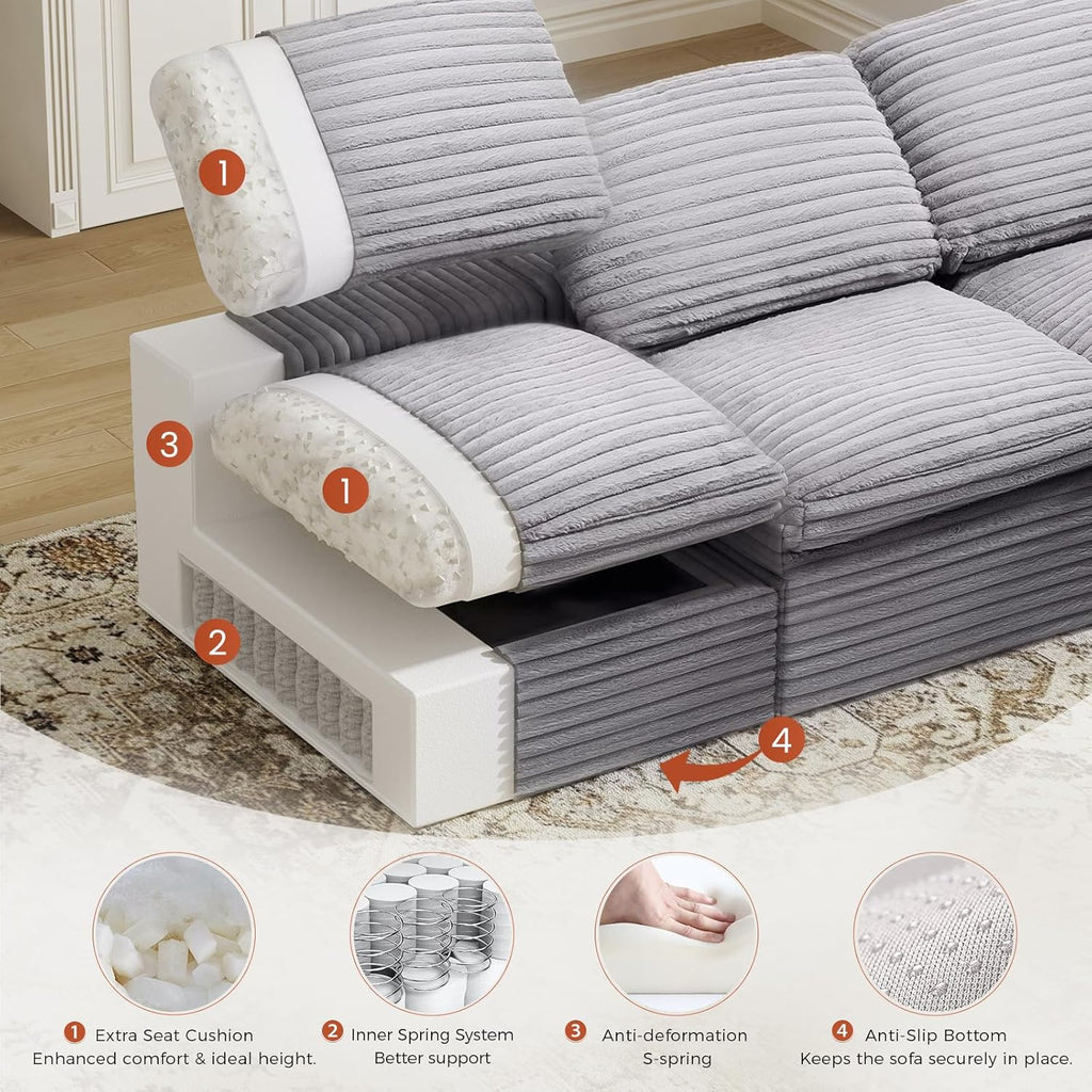 KKL 150" U Shaped Sectional Modular Boneless Sofa, 6 Seater Cloud Couch with Ottoman, Corduroy Sectional Couches for Living Room Bedroom, Grey
