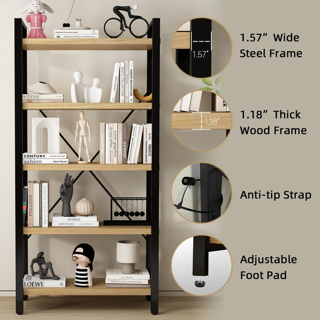 Real Solid Wood Bookshelf Shelves Rustic Vintage Industrial Etagere Bookshelf, Metal & Timber Free Vintage Bookcase, (Genuine Timber) (5-Tiers-Natural Finish)
