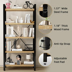 Real Solid Wood Bookshelf Shelves Rustic Vintage Industrial Etagere Bookshelf, Metal & Timber Free Vintage Bookcase, (Genuine Timber) (5-Tiers-Natural Finish)