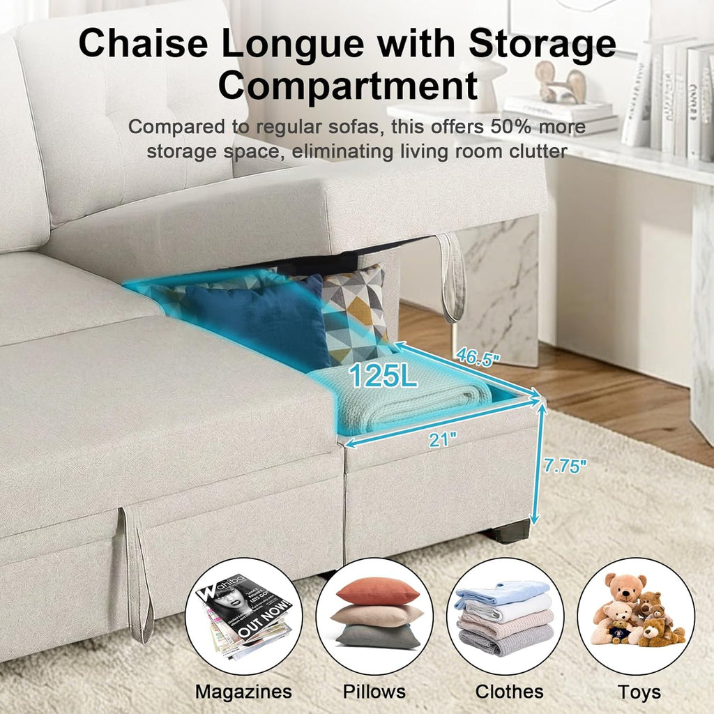 82" L Shaped Sleeper Sofa Bed: Sectional Sleeper Couch with Pull Out Bed, Storage Chaise, USB Charging, 3 Seat Sectional Sofa Bed with Throw Pillow for Living Room (Linen Fabric, Beige)