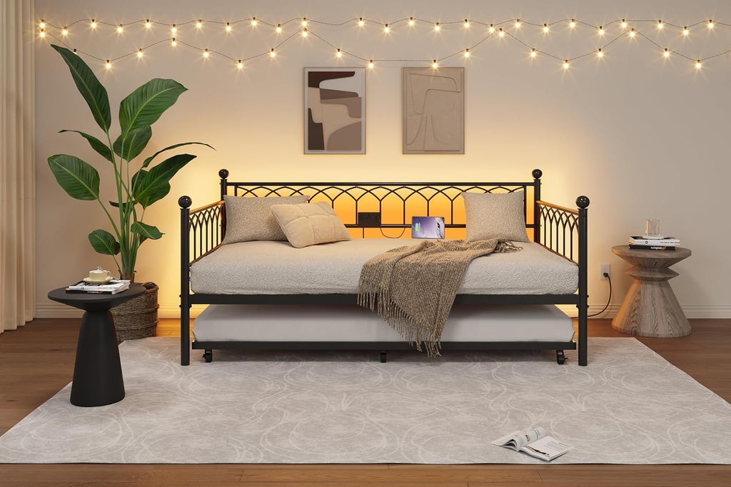 IDEALHOUSE Twin Size Daybed with Trundle, Sofa Bed Frame with Charging Station and LED Lights, Heavy Duty Metal Bed Frame, for Small Spaces, Living Room, Bedroom, Apartment, Black