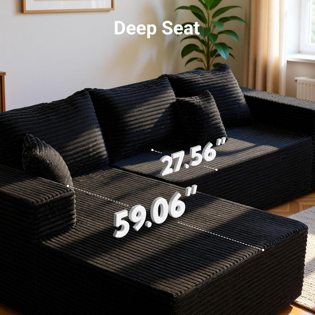 Claiks 110" Boneless Couch, Cloud Couch Sectional, L-Shape Corduroy Modular Sectional Sofa Deep Seat, Upholstered Couches for Living Room, No Assembly Required, Black, Left Facing Chaise